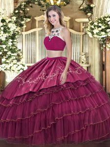Glorious Floor Length Backless Sweet 16 Quinceanera Dress Fuchsia for Military Ball and Sweet 16 and Quinceanera with Beading and Embroidery and Ruffled Layers