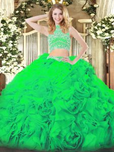 Simple Beading and Ruffles Quinceanera Dress Green Backless Sleeveless Floor Length