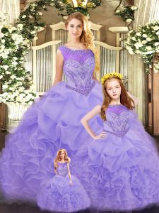 Low Price Lavender Ball Gowns Scoop Sleeveless Organza Floor Length Lace Up Ruffles 15 Quinceanera Dress