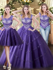 Purple Tulle Lace Up Scoop Sleeveless Floor Length Quinceanera Dresses Beading