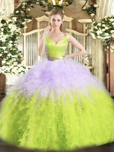 Multi-color Ball Gowns Organza V-neck Sleeveless Ruffles Floor Length Zipper Ball Gown Prom Dress