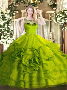 Olive Green Ball Gowns Organza Scoop Sleeveless Beading and Ruffles Floor Length Zipper Ball Gown Prom Dress