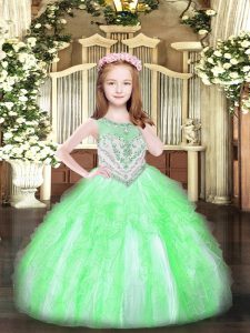Sleeveless Organza Floor Length Zipper Little Girl Pageant Gowns in Apple Green with Beading and Ruffles