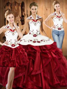 Halter Top Sleeveless Lace Up 15 Quinceanera Dress Wine Red Organza