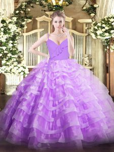 Adorable Lavender Zipper Spaghetti Straps Ruffled Layers Quinceanera Gowns Organza Sleeveless