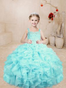 Wonderful Floor Length Aqua Blue Pageant Dress for Womens Straps Sleeveless Lace Up