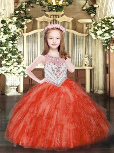 Sleeveless Tulle Floor Length Zipper Pageant Dress Womens in Red with Beading and Ruffles
