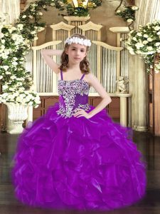 Purple Sleeveless Beading and Ruffles Floor Length Custom Made Pageant Dress