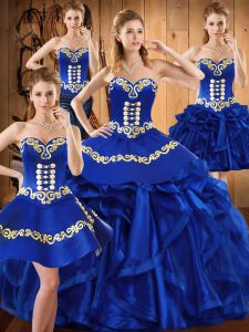 Amazing Royal Blue Sweetheart Lace Up Embroidery and Ruffles 15 Quinceanera Dress Sleeveless