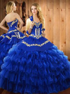 Beauteous Sweetheart Sleeveless Sweet 16 Dresses Floor Length Embroidery and Ruffled Layers Blue Satin and Organza