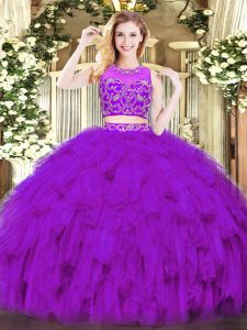 Purple Two Pieces Scoop Sleeveless Tulle Floor Length Zipper Beading and Ruffles Vestidos de Quinceanera