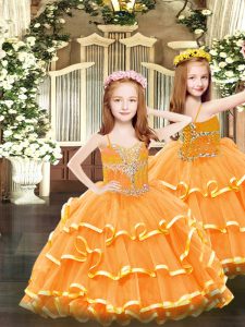Orange Ball Gowns Spaghetti Straps Sleeveless Organza Floor Length Lace Up Beading and Ruffled Layers Pageant Dress for Girls