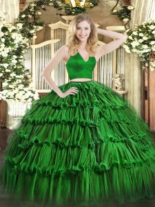 Fitting Green Organza Zipper Halter Top Sleeveless Floor Length Quinceanera Gowns Ruffled Layers