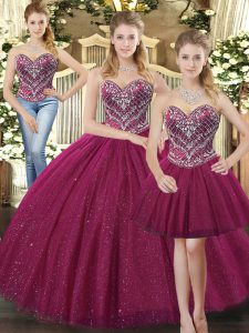 Floor Length Fuchsia Sweet 16 Dresses Tulle Sleeveless Beading