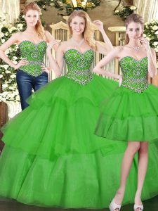 Sleeveless Organza Floor Length Lace Up Vestidos de Quinceanera in Green with Beading and Ruffled Layers