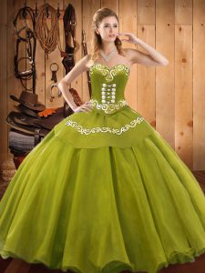 Olive Green Ball Gowns Tulle Sweetheart Sleeveless Ruffles Floor Length Lace Up Ball Gown Prom Dress