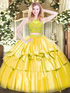 Sleeveless Tulle Floor Length Zipper Sweet 16 Quinceanera Dress in Yellow with Beading and Ruffled Layers