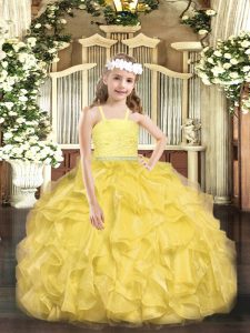 High Quality Organza Straps Sleeveless Zipper Beading and Lace and Ruffles Pageant Dresses in Gold