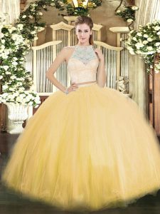 Gold Scoop Neckline Lace Sweet 16 Dress Sleeveless Zipper