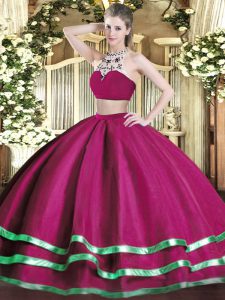 Floor Length Fuchsia 15th Birthday Dress High-neck Sleeveless Backless