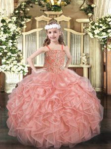Customized Pink Pageant Dress Womens Party and Quinceanera with Beading and Ruffles Straps Sleeveless Lace Up