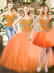 Deluxe Sweetheart Sleeveless Quinceanera Gowns Floor Length Beading Orange Red Tulle