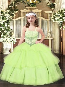 Floor Length Yellow Green Pageant Gowns For Girls Straps Sleeveless Lace Up