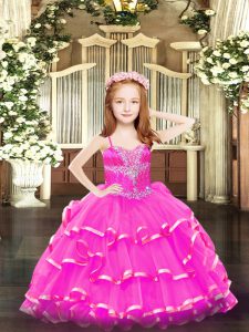 Dazzling Hot Pink Sleeveless Beading and Ruffled Layers Floor Length Glitz Pageant Dress