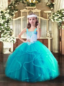 Modern Floor Length Ball Gowns Sleeveless Aqua Blue Pageant Dress for Womens Lace Up