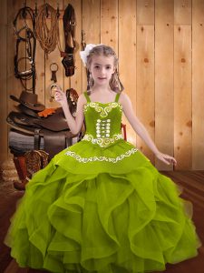 Trendy Olive Green Sleeveless Floor Length Embroidery and Ruffles Lace Up Girls Pageant Dresses