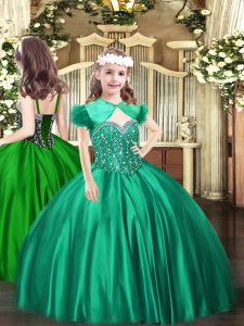 Straps Sleeveless Little Girls Pageant Gowns Floor Length Beading Turquoise Satin