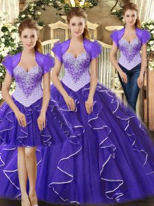 Cute Purple Lace Up Straps Beading and Ruffles Quinceanera Gowns Tulle Sleeveless