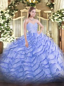 Fantastic Blue Organza Lace Up 15 Quinceanera Dress Sleeveless Brush Train Beading and Ruffled Layers