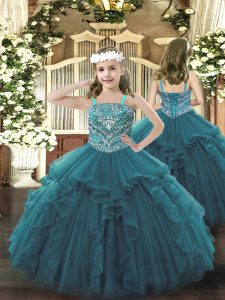 Stunning Teal Ball Gowns Beading and Ruffles Glitz Pageant Dress Lace Up Organza Sleeveless Floor Length