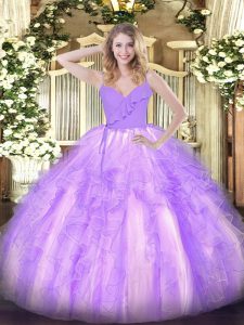 Floor Length Zipper Quince Ball Gowns Lavender for Military Ball and Sweet 16 and Quinceanera with Ruffles