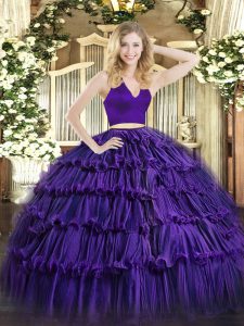 Perfect Floor Length Purple Quince Ball Gowns Halter Top Sleeveless Zipper