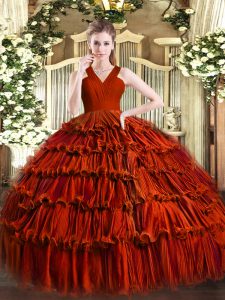 Floor Length Rust Red Sweet 16 Dresses Organza Sleeveless Ruffled Layers