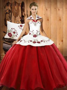 Discount Sleeveless Floor Length Embroidery Lace Up Quinceanera Gowns with Wine Red