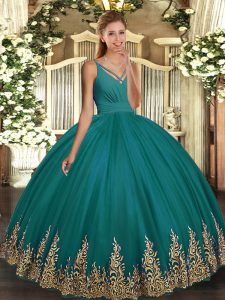 Ball Gowns Quinceanera Gown Teal V-neck Tulle Sleeveless Floor Length Backless