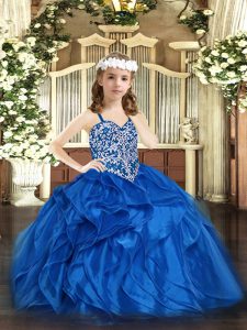 Fashionable Ball Gowns Pageant Dresses Blue Straps Organza Sleeveless Floor Length Lace Up
