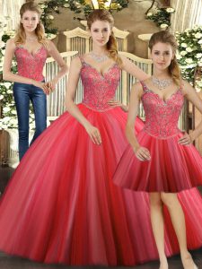 Straps Sleeveless Tulle Ball Gown Prom Dress Beading Lace Up