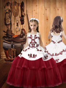 Perfect Sleeveless Tulle Floor Length Lace Up Little Girls Pageant Dress in Burgundy with Embroidery