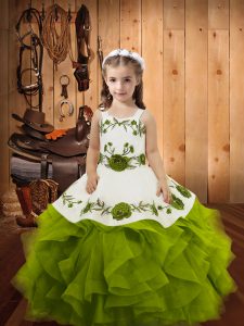 Sleeveless Floor Length Embroidery and Ruffles Lace Up Winning Pageant Gowns with Olive Green