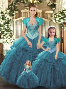 Teal Ball Gowns Beading and Ruffles Sweet 16 Dress Lace Up Tulle Sleeveless Floor Length