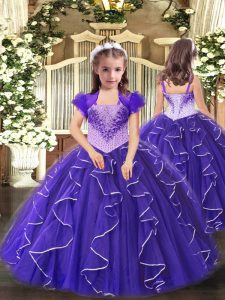 Purple Organza Lace Up Straps Sleeveless Floor Length Kids Formal Wear Beading and Ruffles