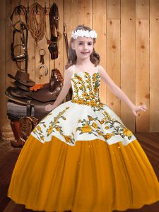 Eye-catching Straps Sleeveless Pageant Dress Floor Length Embroidery Gold Tulle