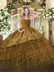 Modest Brown Ball Gowns Organza and Taffeta Straps Sleeveless Embroidery and Ruffled Layers Floor Length Zipper Quinceanera Dress