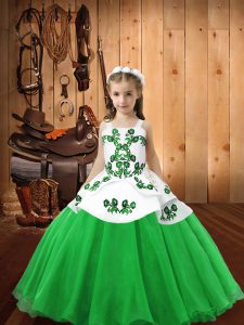 Straps Sleeveless Girls Pageant Dresses Floor Length Embroidery Green Organza