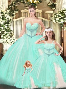 Sleeveless Floor Length Beading Lace Up Quinceanera Gowns with Aqua Blue