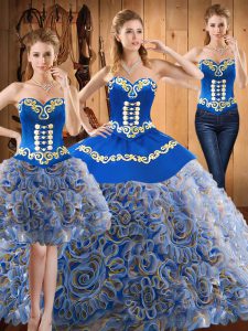 Artistic Sweetheart Sleeveless Sweet 16 Quinceanera Dress With Train Sweep Train Embroidery Multi-color Satin and Fabric With Rolling Flowers